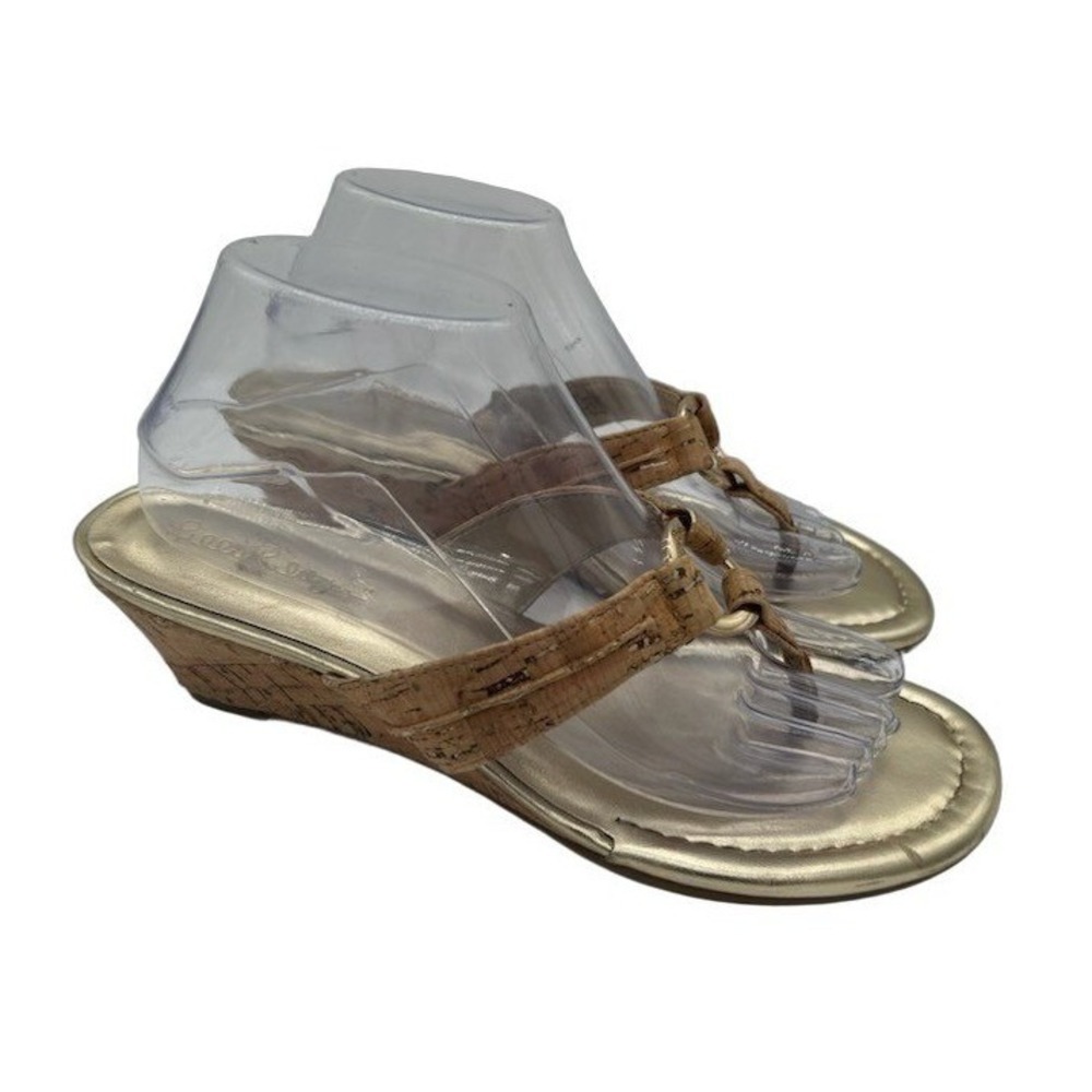 Lilly Pulitzer McKim Wedge Sandals Women's Size 9 M Gold Cork Thong Low Heel